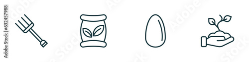 set of 4 linear icons from agriculture farming concept. outline icons included roak, seed bag, egg, planting vector