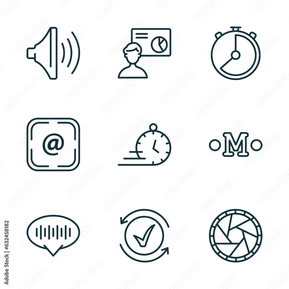 set of 9 linear icons from user interface concept. outline icons such as volume, person explaining data, hour, voice message, activated, shutter vector set of 9 linear icons from user interface concept. outline icons such as volume, person explaining data, hour, voice message, activated, shutter vector