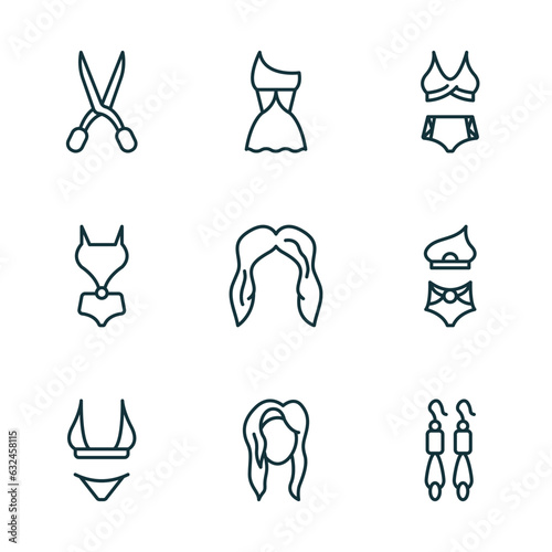 set of 9 linear icons from woman clothing concept. outline icons such as childish eyeglasses, female sexy dress, swimsuit feminine, string bikini, human black hair, dangling earrings vector