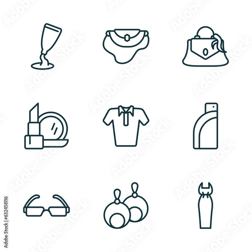 set of 9 linear icons from woman clothing concept. outline icons such as creme container black, handbag elegant, handbag of female, rectangular eyeglasses, round earrings, bottle vector