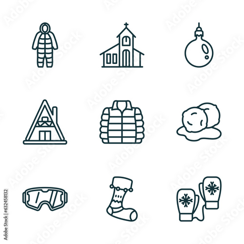 set of 9 linear icons from winter concept. outline icons such as snowsuit, chapel, bauble, snow goggle, christmas sock, mittens vector