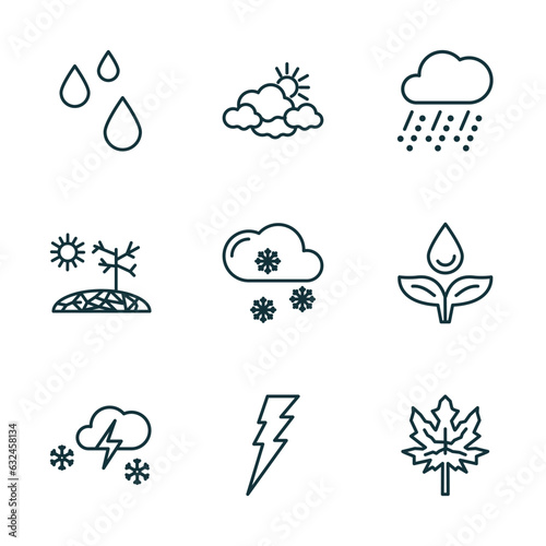 set of 9 linear icons from weather concept. outline icons such as drops, overcast, hailstorm, thundersnow, lightning, autumn vector