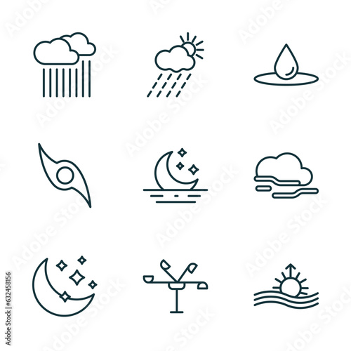 set of 9 linear icons from weather concept. outline icons such as downpour, rainy day, deluge, twilight, anemometer, aurora vector