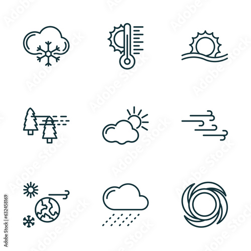 set of 9 linear icons from weather concept. outline icons such as snow cloud, temperature, haze, climate, rainy, hurricane vector