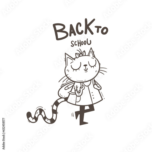 Back to school vector card. Cute cartoon cat schoolgirl with backpack. Contour image no fill.