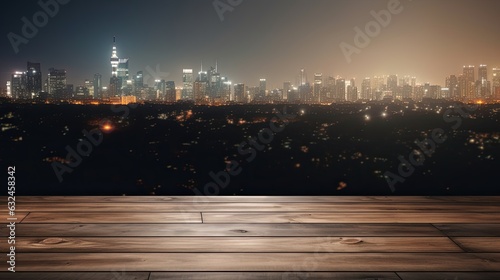 empty wood display with blurred nature view for product presentation background, copy space. 