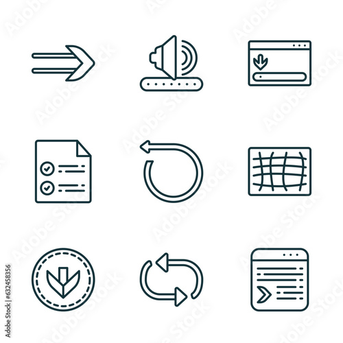 set of 9 linear icons from user interface concept. outline icons such as slim right, amplified speaker, window scrolling right, bottom arrows, update arrows, selective vector photo