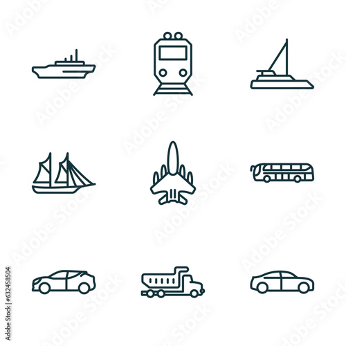 set of 9 linear icons from transportation concept. outline icons such as icebreaker ship, metro, catamaran, hybrid car, litter car, sedan vector