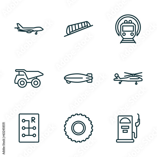 set of 9 linear icons from transportation concept. outline icons such as jumbo jet, funicular railway, , gear box, all terrain, fuel dispenser vector