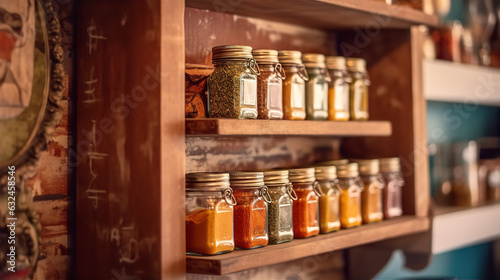 Collection of Spices on Small Wooden Shelves - AI Generated 