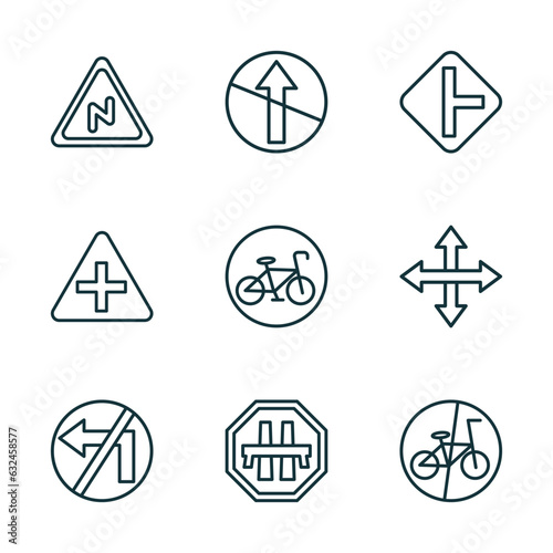 set of 9 linear icons from traffic signs concept. outline icons such as right reverse bend, no straight, side road, no turn, motorway, no bicycle vector