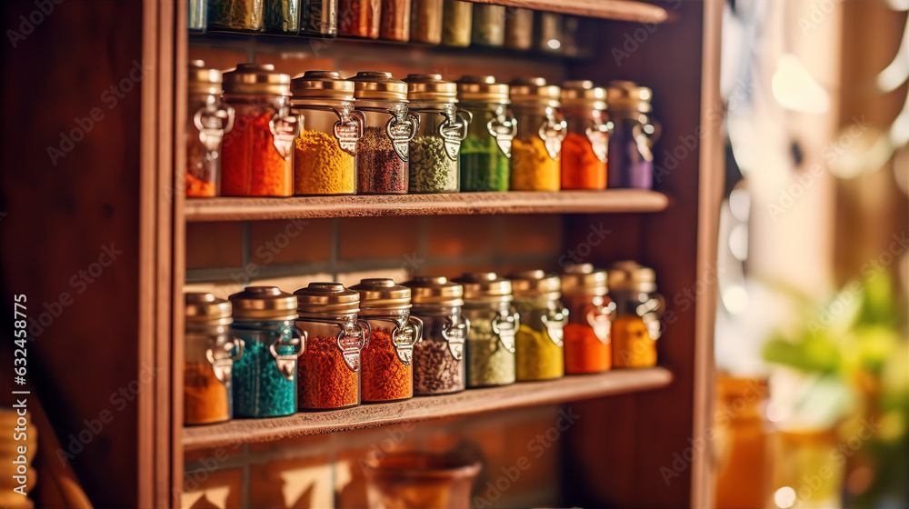 Collection of Spices on Small Wooden Shelves - AI Generated
