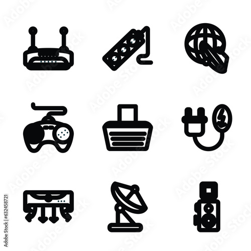 set of 9 linear icons from technology concept. outline icons such as wireless transmitter, tee power, news via satellite, air direction, reciever, reflex photo camera vector photo