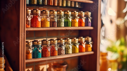 Collection of Spices on Small Wooden Shelves - AI Generated 