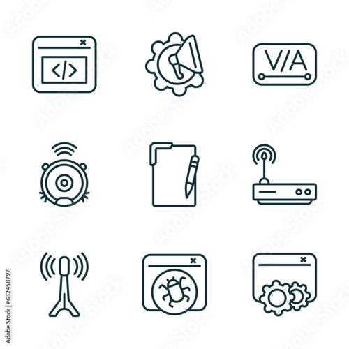 set of 9 linear icons from technology concept. outline icons such as back end, marketing automation, kerning, internet value, bugs, sdk vector
