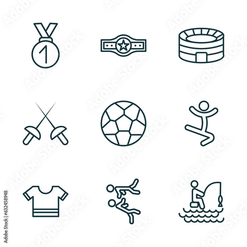set of 9 linear icons from sports concept. outline icons such as medal with number 1, boxer with belt, estadio, football jersey, two judo fighters, fishing man vector