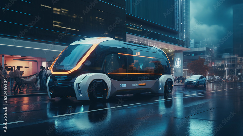 Fototapeta premium Mainstream Autonomous Vehicles. Illustration of self-driving cars becoming a common sight on urban roads in the near future. Generative ai