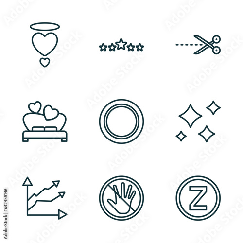 set of 9 linear icons from shapes concept. outline icons such as pure love, 5 stars, cut here, multiple line, no push, z vector
