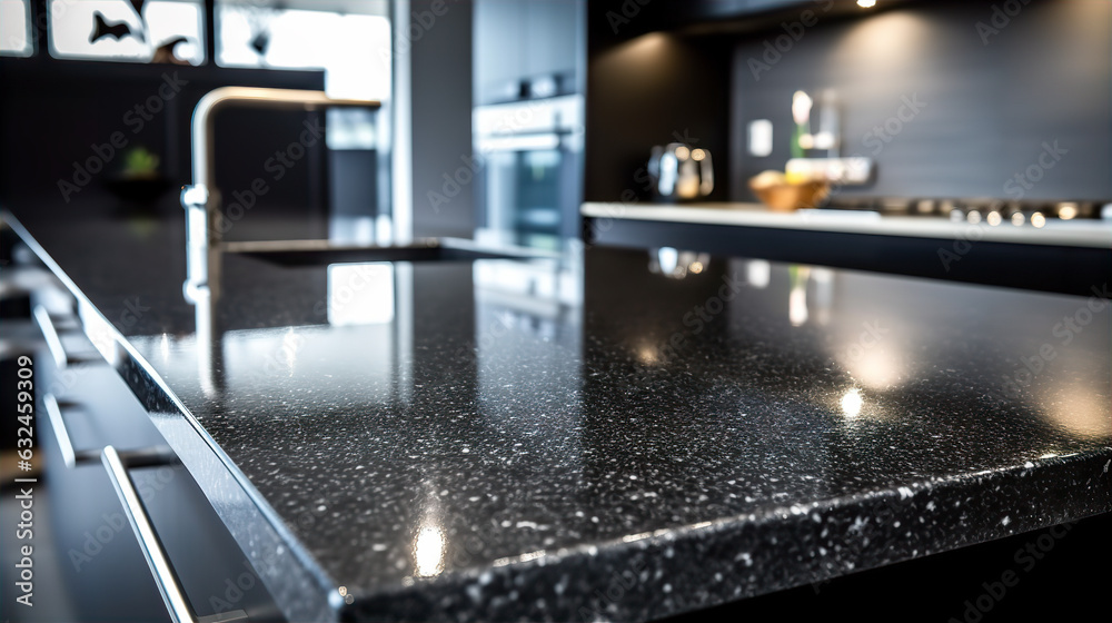Close-Up View of Elegant Black Marble Kitchen Counter - AI Generated
