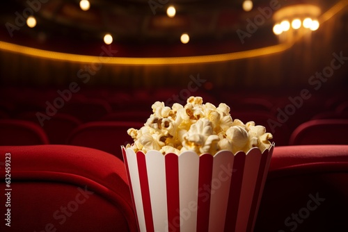 Pop corn sitting inside of movie theatre. Bokeh light background. Cinema concept