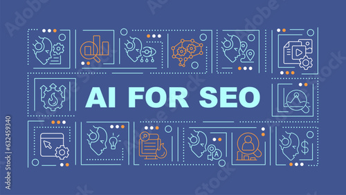 2D AI for SEO text concept with various icons on dark blue background, vector illustration.