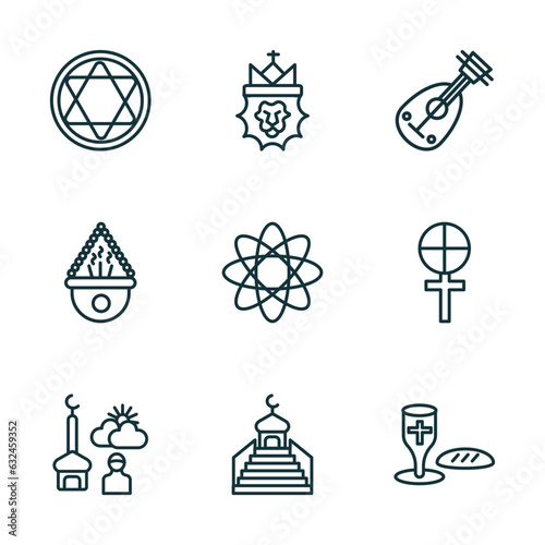 set of 9 linear icons from religion concept. outline icons such as blasphemy, lion of judah, oud, fajr dawn prayer, islamic minbar, communion vector