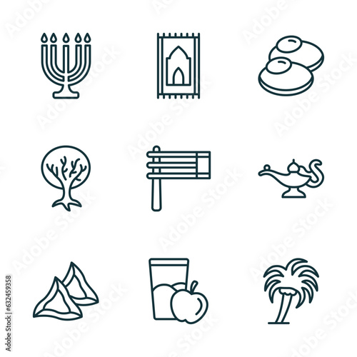 set of 9 linear icons from religion concept. outline icons such as big menorah, praying mat, gefilte fish, hamantaschen, diet, palm tree with date vector