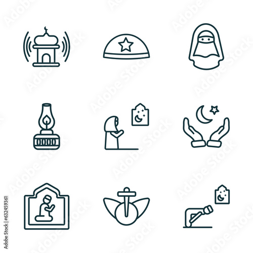 set of 9 linear icons from religion collection. concept. outline icons such as adhan call, yarmulke, hijab veil, islamic pray, heresy, ruku posture vector