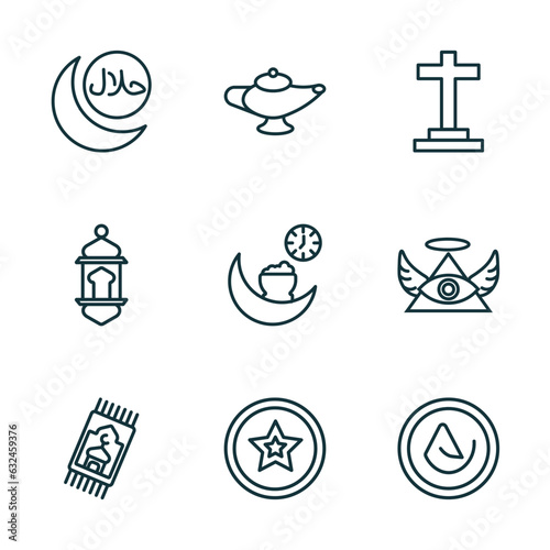 set of 9 linear icons from religion concept. outline icons such as islamic halal, arabian magic lamp, christianity, islamic praying carpet, anglican, asceticism vector