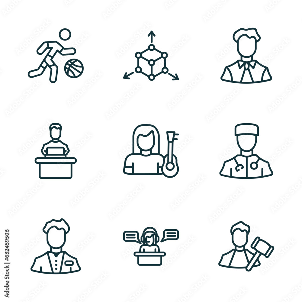 set of 9 linear icons from professions & jobs concept. outline icons such as basketball player, model, office worker, clerk, secretary, judge vector set of 9 linear icons from professions & jobs concept. outline icons such as basketball player, model, office worker, clerk, secretary, judge vector