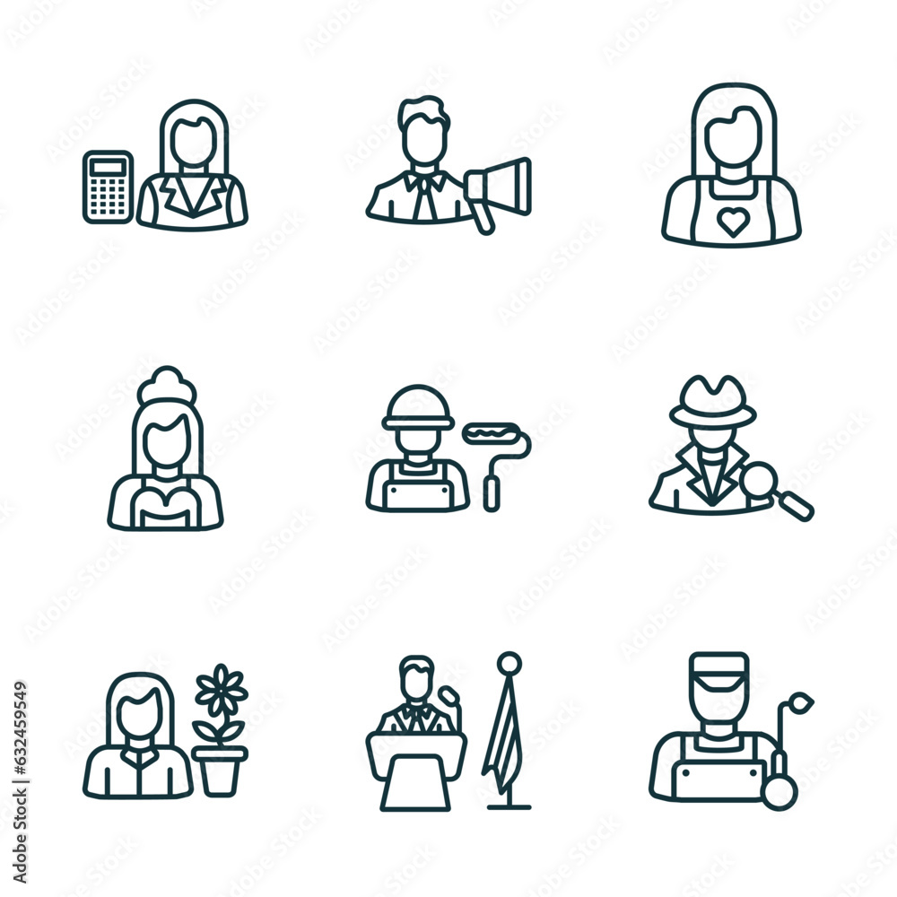 set of 9 linear icons from professions concept. outline icons such as mathematician, marketing manager, baby sitter, florist, president, welder vector set of 9 linear icons from professions concept. outline icons such as mathematician, marketing manager, baby sitter, florist, president, welder vector