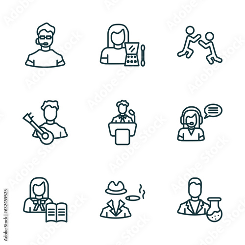 set of 9 linear icons from professions concept. outline icons such as bouncer, makeup artist, wrestling, teacher, mafia, scientist vector