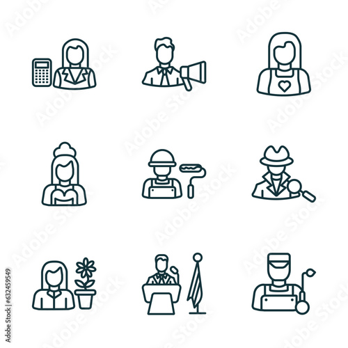 set of 9 linear icons from professions concept. outline icons such as mathematician, marketing manager, baby sitter, florist, president, welder vector