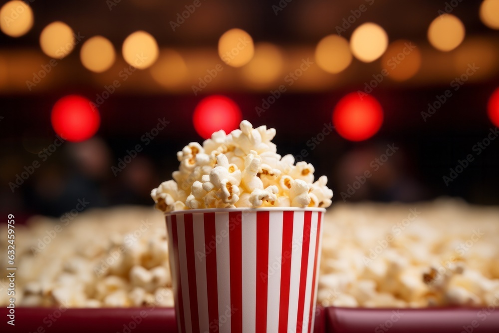 Pop corn sitting inside of movie theatre. Bokeh light background. Cinema concept