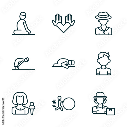 set of 9 linear icons from people concept. outline icons such as julus, no racism, colombian, foreign reporter, effort, delivery woman vector