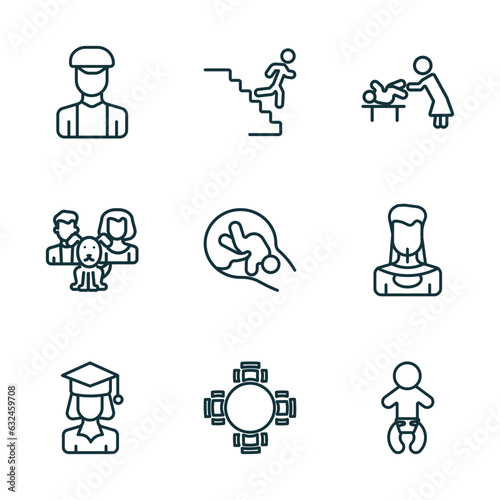 set of 9 linear icons from people concept. outline icons such as dutch, downstairs, babysitter and child, graduated student, round table, baby with diaper vector