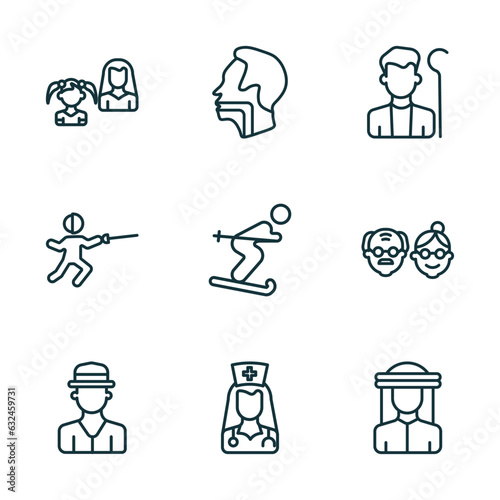 set of 9 linear icons from people concept. outline icons such as mother and daughter, throat, shepherd, spanish man, female doctor, bedouin vector