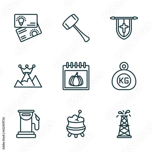 set of 9 linear icons from other concept. outline icons such as idea business card, mallet, blazon, fuel service, caudron, oil tower vector