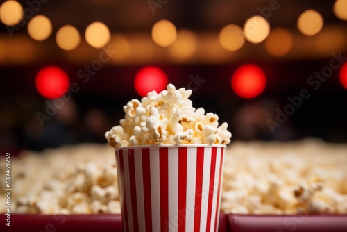 Pop corn sitting inside of movie theatre. Bokeh light background. Cinema concept