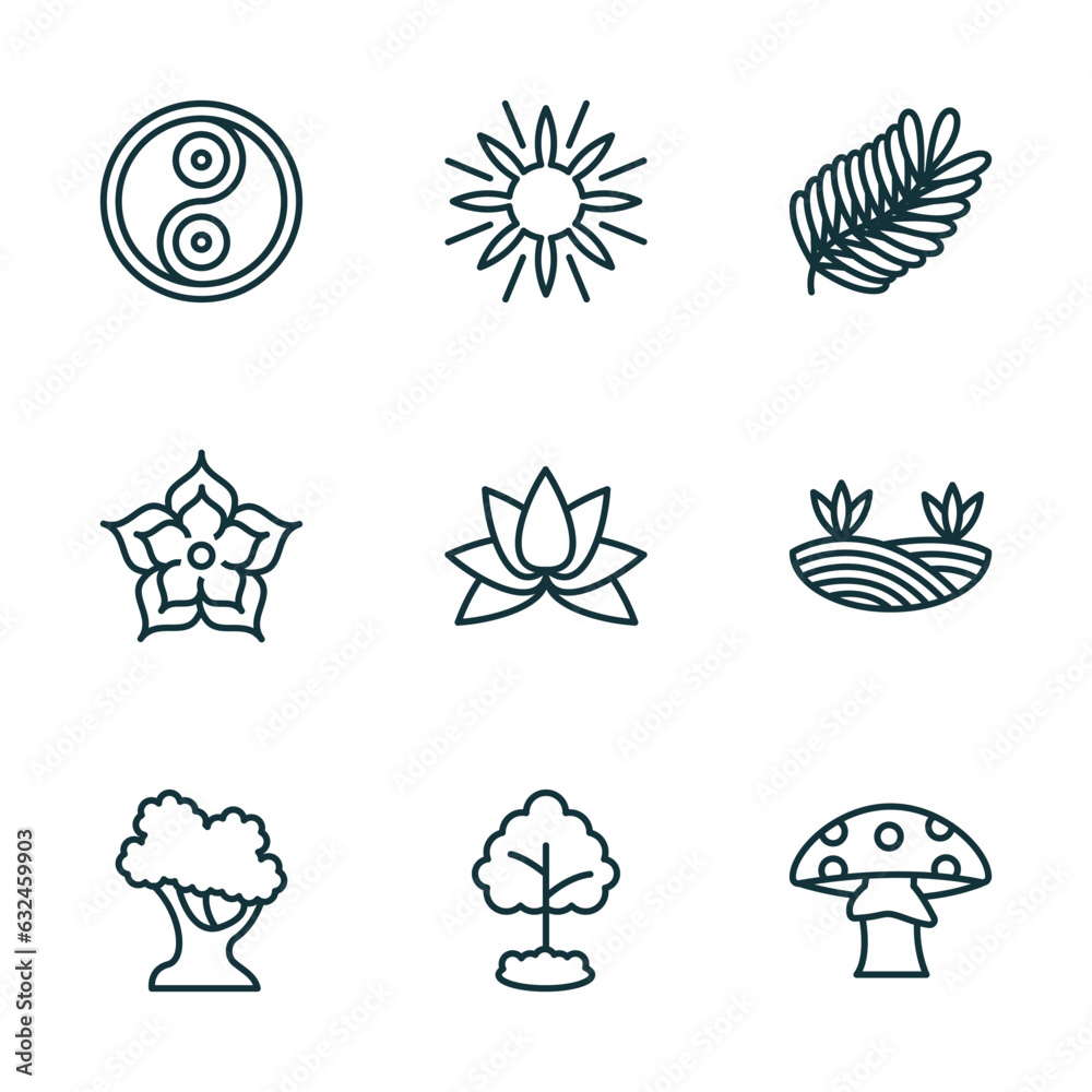 set of 9 linear icons from nature concept. outline icons such as fengshui, sun flare, fern, white oak tree, tree growing, mushroom with spots vector
