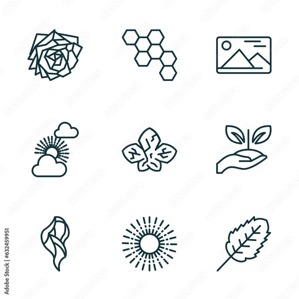 set of 9 linear icons from nature concept. outline icons such as roses, chemical structure, landscape inside frame, hair style, shining sun with rays, plum leaf vector