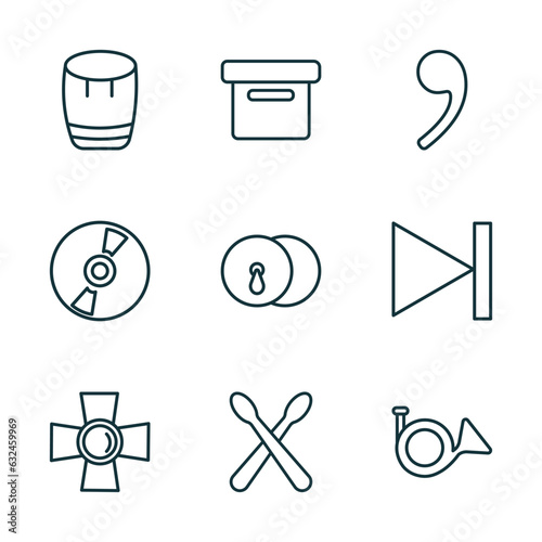 set of 9 linear icons from music and media concept. outline icons such as bongo, image archive, breath mark, music spotlight, drumsticks, french horn vector
