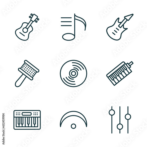 set of 9 linear icons from music and media concept. outline icons such as ukelele, playlist, bass guitar, music keyboard, fermata, music player tings vector