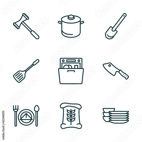 set of 9 linear icons from kitchen concept. outline icons such as meat tenderizer, saucepan, paddle, dinner, flour, dishes vector