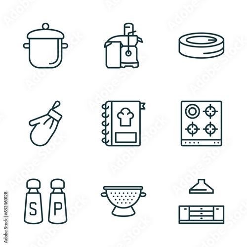 set of 9 linear icons from kitchen concept. outline icons such as stew pot, juicer, conserve, salt and pepper, nder, kitchen vector