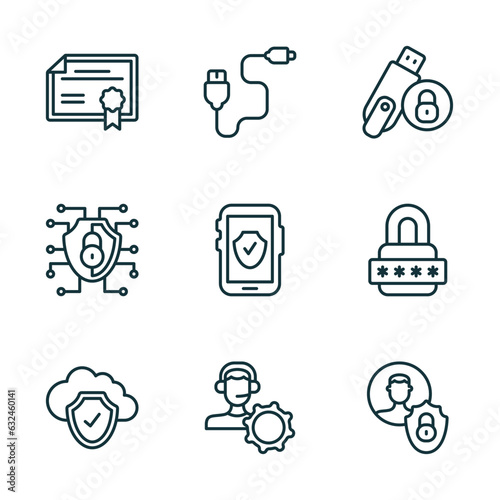 set of 9 linear icons from internet security concept. outline icons such as network certificate, phone cable, pendrive security, cloud, remote support, privacy vector