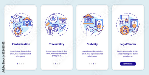 2D icons representing digital currency mobile app screen set. Walkthrough 4 steps multicolor graphic instructions with linear icons concept, UI, UX, GUI template.