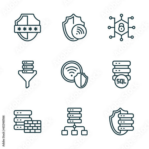set of 9 linear icons from internet security concept. outline icons such as pin code, wifi security, private network, firewall, proxy server, server security vector