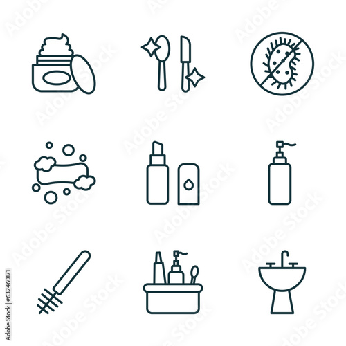 set of 9 linear icons from hygiene concept. outline icons such as body cream, food hygiene, antibacterial, toilet brush, hygiene kit, washbowl vector
