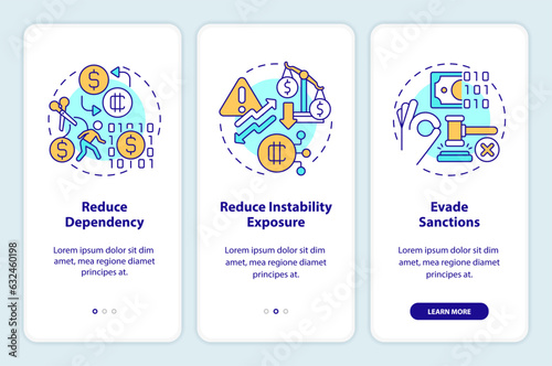 2D icons representing digital currency mobile app screen set. Walkthrough 3 steps graphic instructions with thin linear icons concept, UI, UX, GUI template.
